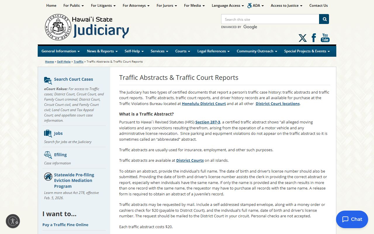 Wahiawa District Court traffic abstracts traffic ticket records