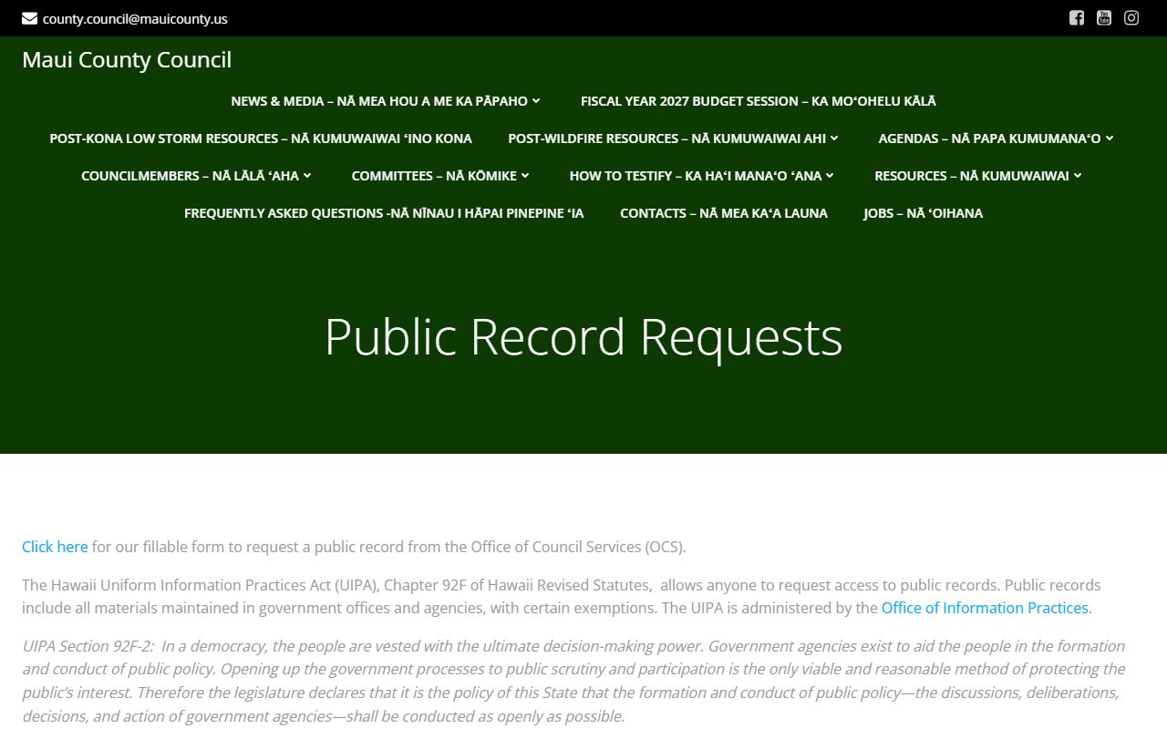 Wailuku Maui County public records request traffic ticket records